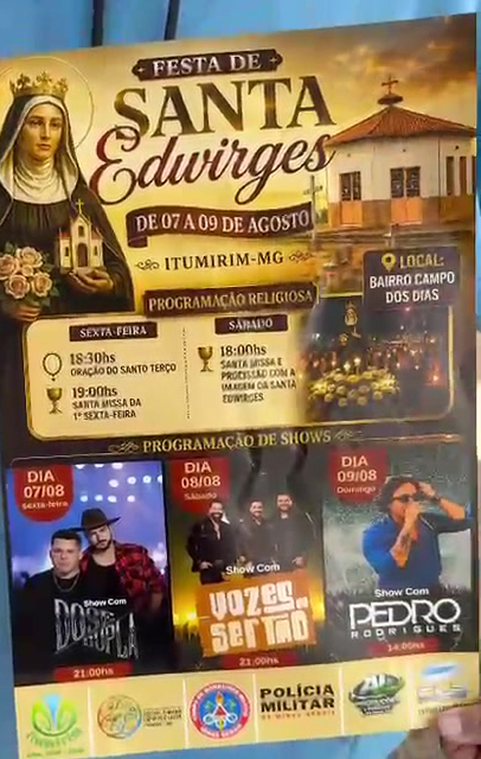 Cartaz da Festa de Santa Edwirges com a programação religiosa e a dos shows.