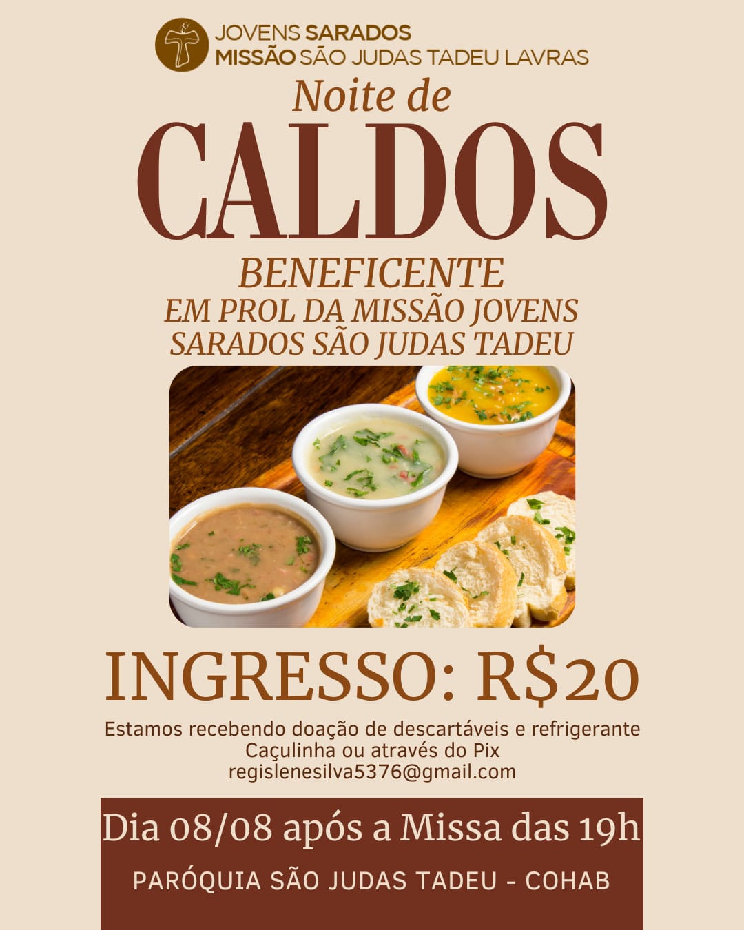 Cartaz da Noite de Caldos Beneficente, com data, horário e valor do ingresso