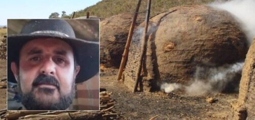 Forno de carvoaria em Oliveira onde os restos mortais foram encontrados; no destaque, o trabalhador rural apontado como a vítima