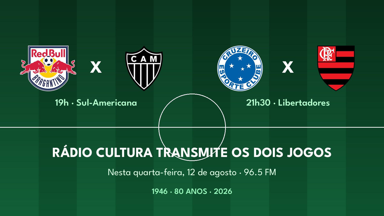 Rádio Cultura transmite Cruzeiro x Flamengo e Bragantino x Atlético nesta quarta