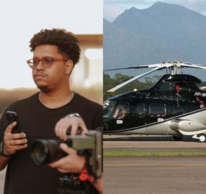 Paulo Soares durante trabalho como videomaker (à esq.) e o helicóptero que caiu na Serra Catarinense (à dir.). Imagem: Reprodução/Instagram