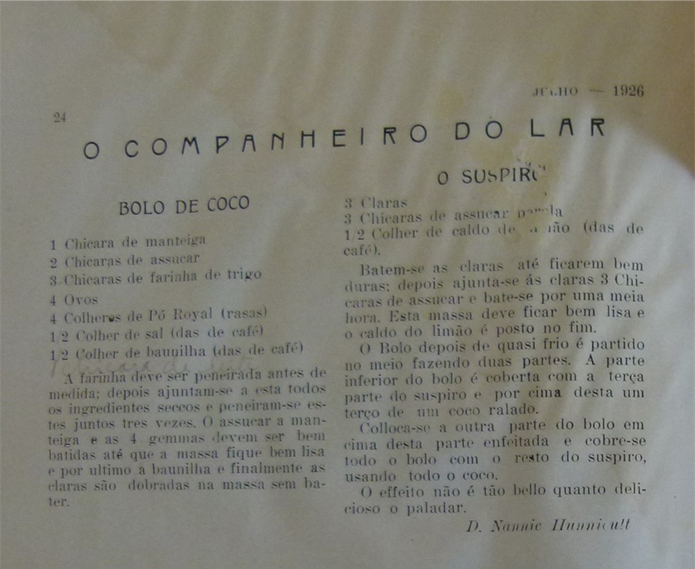O bolo de coco de dona Nannie Hunnicutt e o suspiro que o cobre, como saíram em O Agricultor de julho de 1926