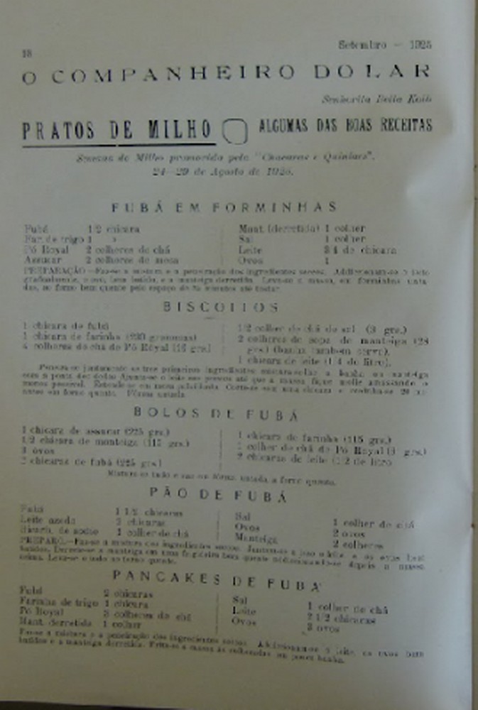 A seção "O Companheiro do Lar", em O Agricultor de setembro de 1925, com as receitas de fubá apresentadas na Semana do Milho, de 24 a 29 de agosto daquele ano