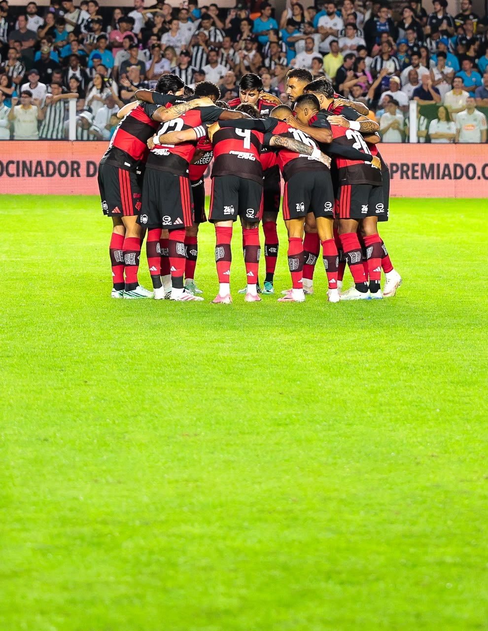 Elenco do Flamengo reunido no gramado da Vila Belmiro