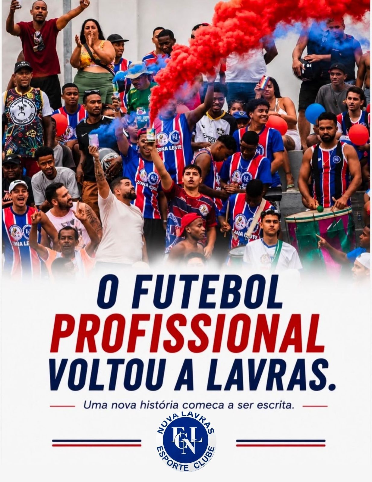 Torcida do Nova Lavras nas cores azul, vermelho e branco na arte de anúncio da volta do futebol profissional à cidade