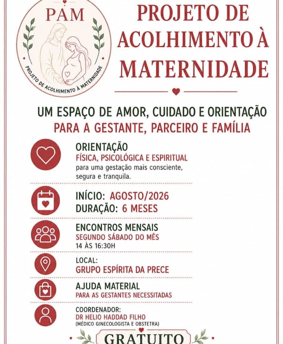 Folheto do Projeto de Acolhimento à Maternidade, com data de início, horários, local e coordenação