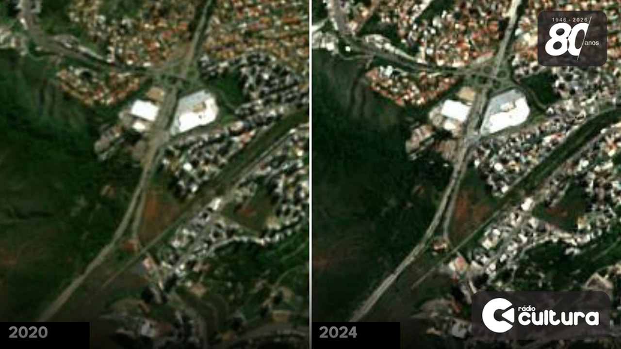 A mesma área em imagens de satélite de 2020 e 2024. Sentinel-2 cloudless por EOX, com dados Copernicus, CC BY 4.0
