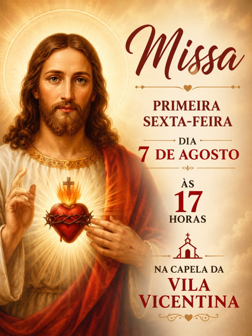 Missa da primeira sexta-feira, dia 7 de agosto, às 17h, na capela da Vila Vicentina